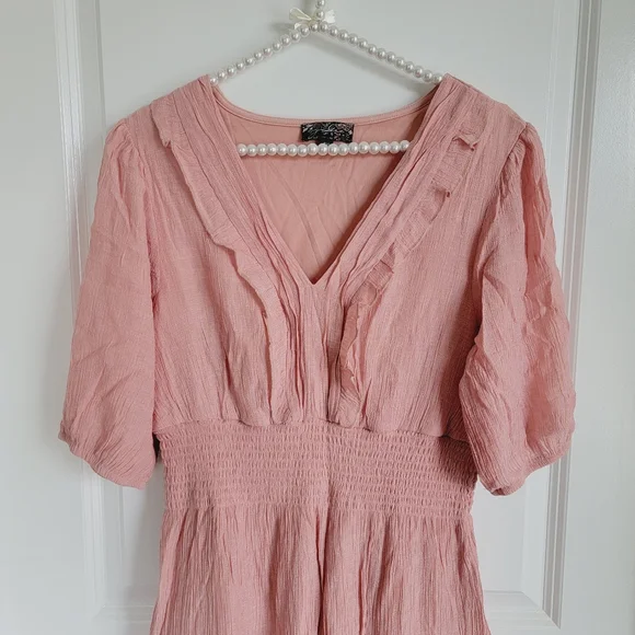 *Host Pick* Coral Peach V-Neck Balloon Sleeve Casual Mini Dress Sz Petite XL - Picture 5 of 10